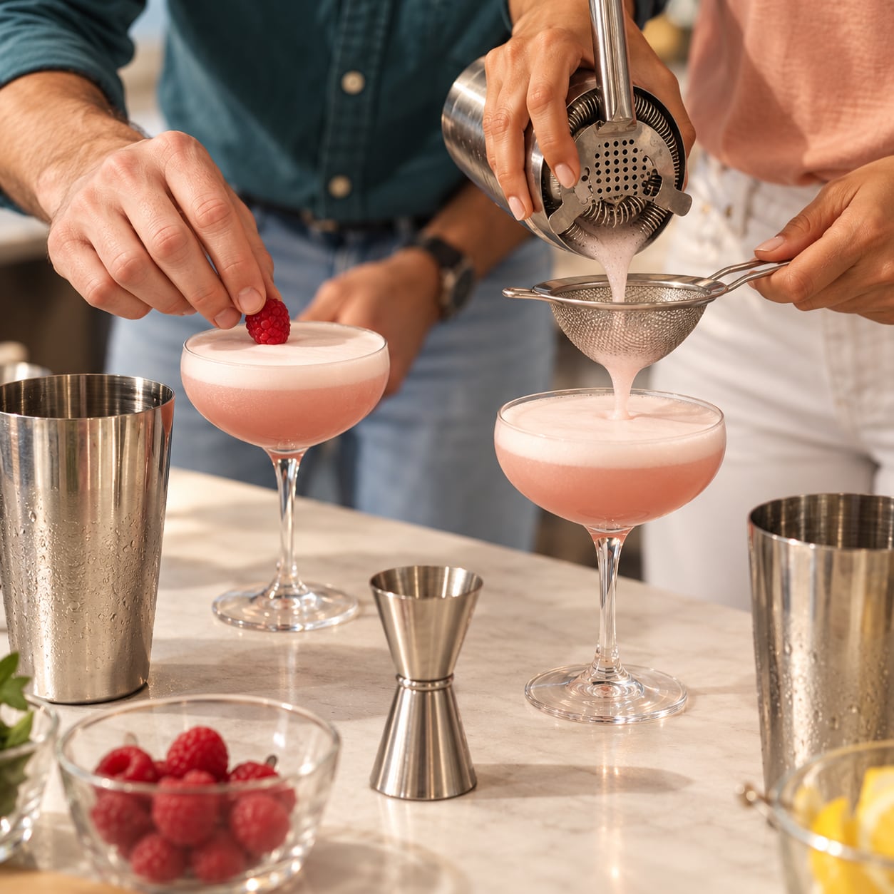 Hands straining pink foamy cocktails into coupes and topping one with a raspberry