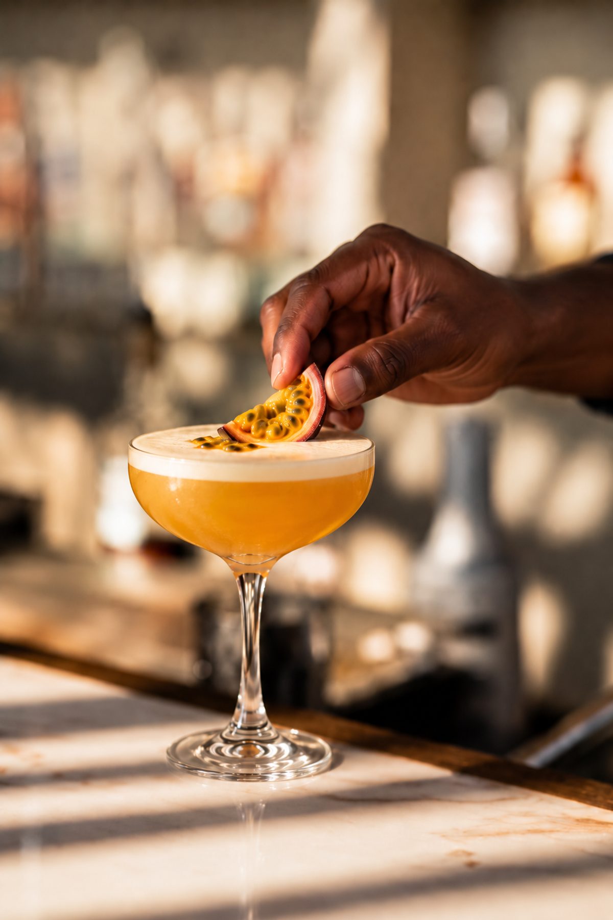 A hand placing a passion fruit half on a passion fruit martini