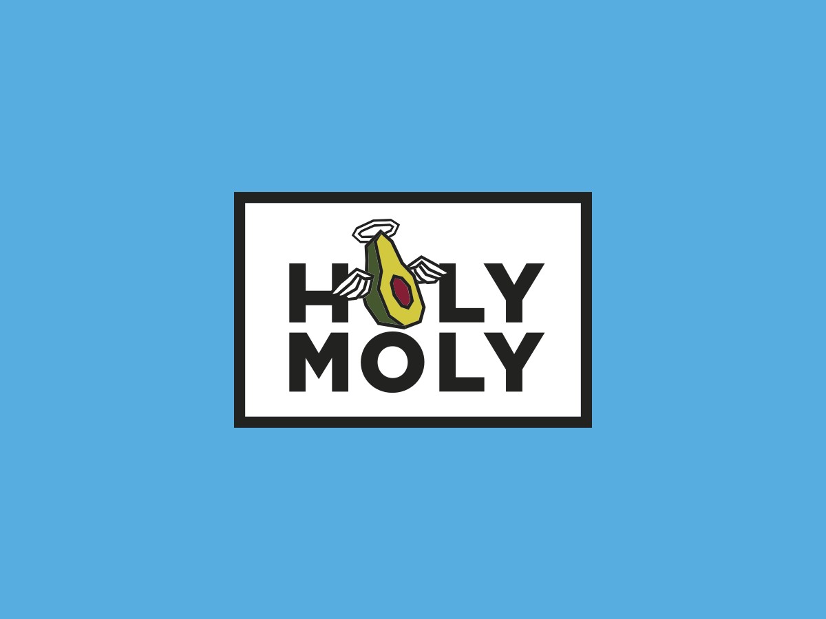 The Holy Moly logo, an avocado with a halo and wings, on sky blue
