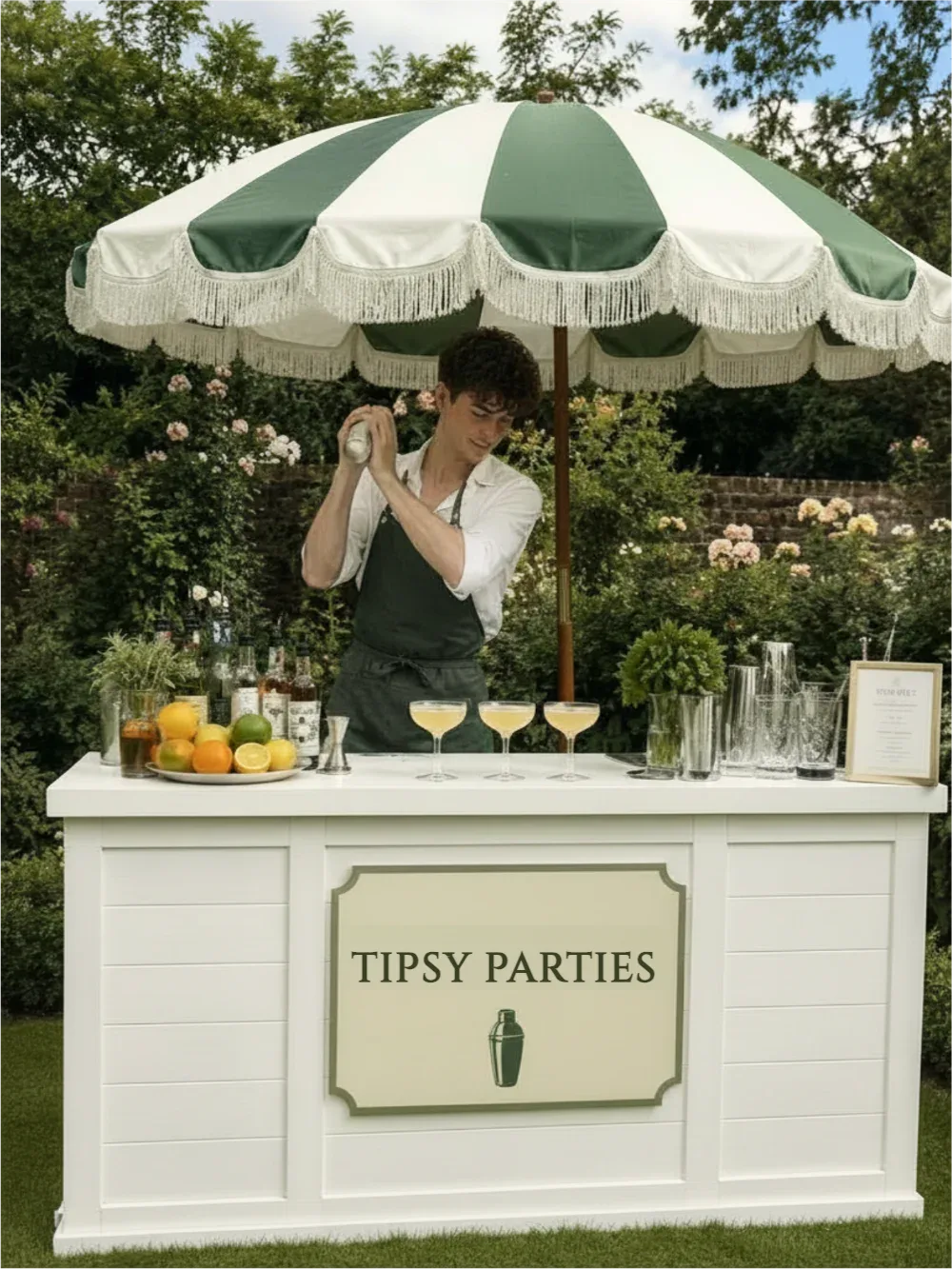 Bartender shaking a cocktail at a white TIPSY PARTIES bar under a green-striped garden parasol