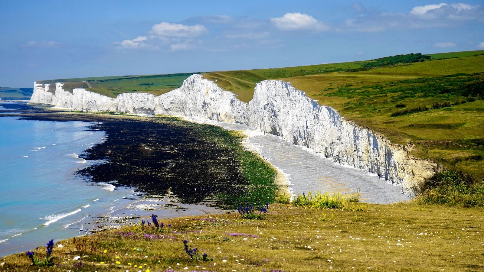 The white Seven Sisters cliffs above a calm sea in Sussex