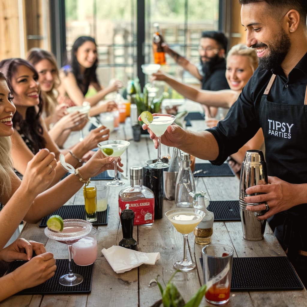 Bartender in a TIPSY PARTIES apron handing a lime-garnished cocktail to smiling guests