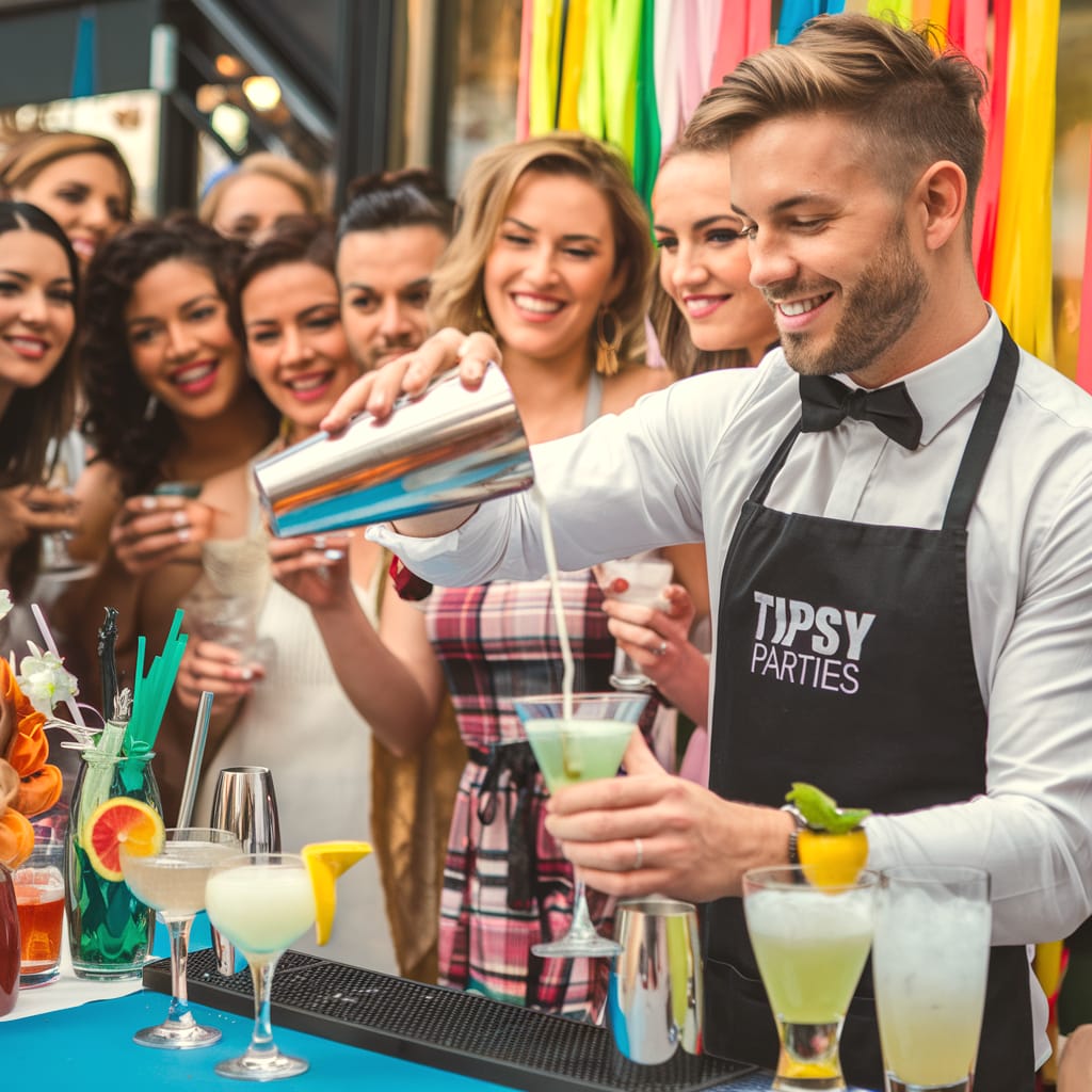 Bartender in a TIPSY PARTIES apron pouring a green cocktail in front of a smiling crowd