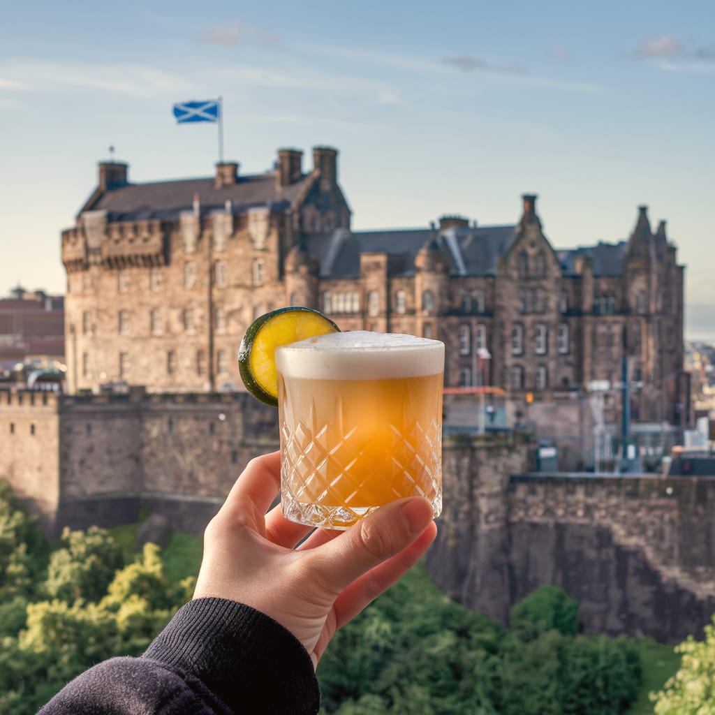 Hand holding a frothy cocktail with a lime wheel in front of a castle flying a Saltire