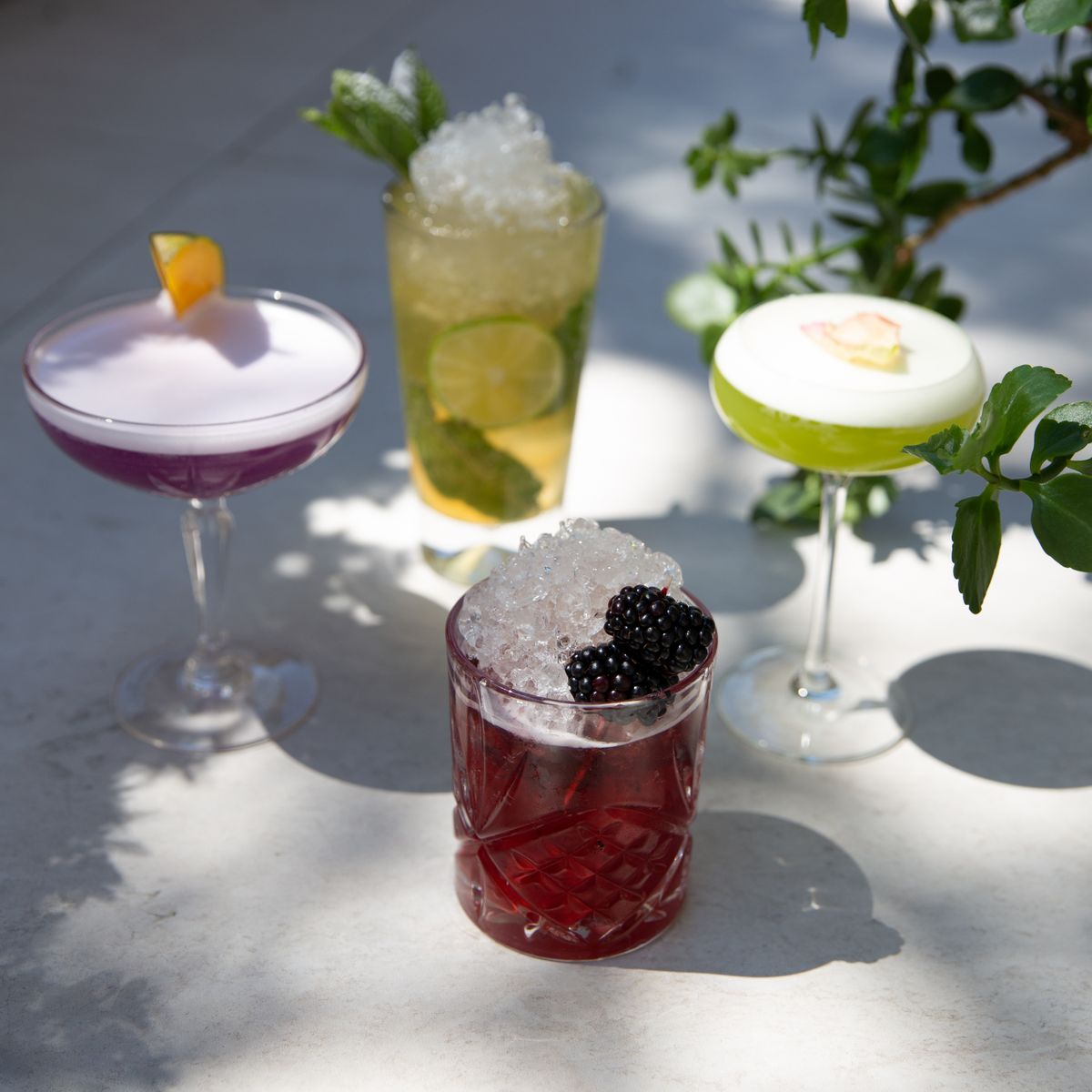 Three different cocktails, purple, green and berry, in bright sunlight with sharp shadows