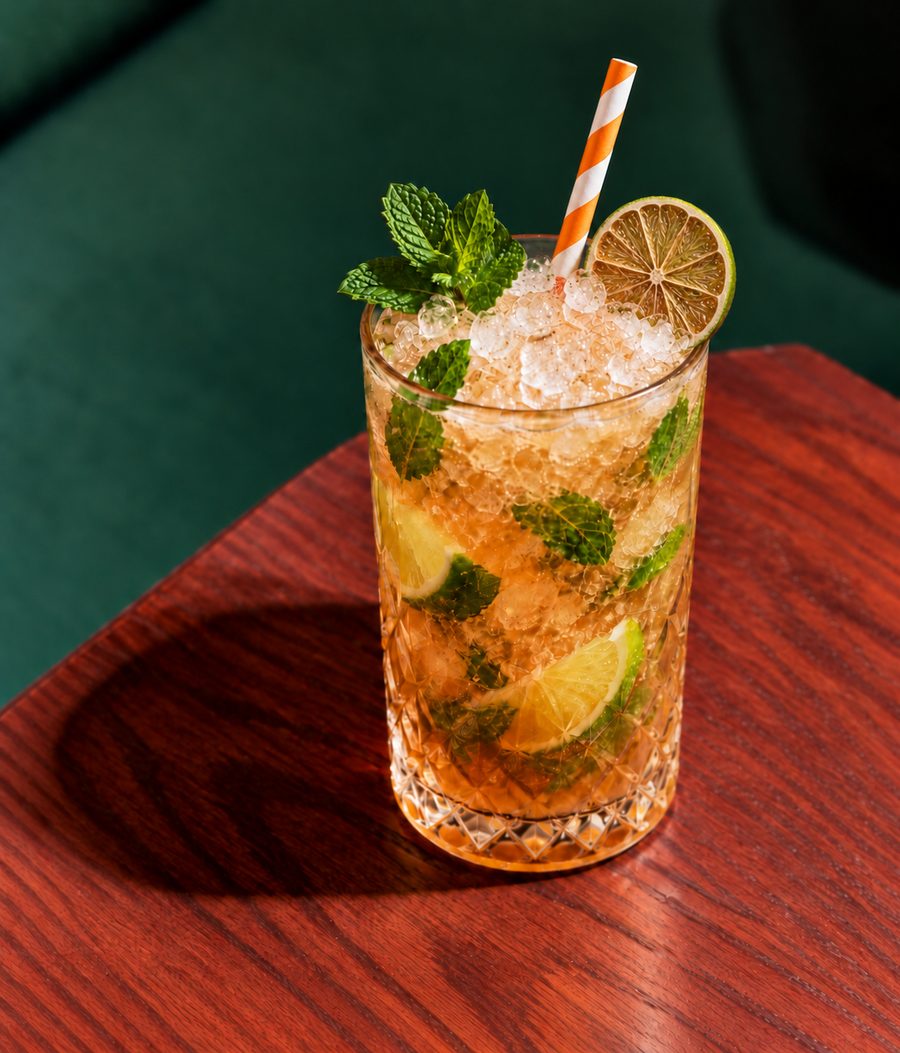 An amber mint cooler with a dried lime and a striped straw on a red table