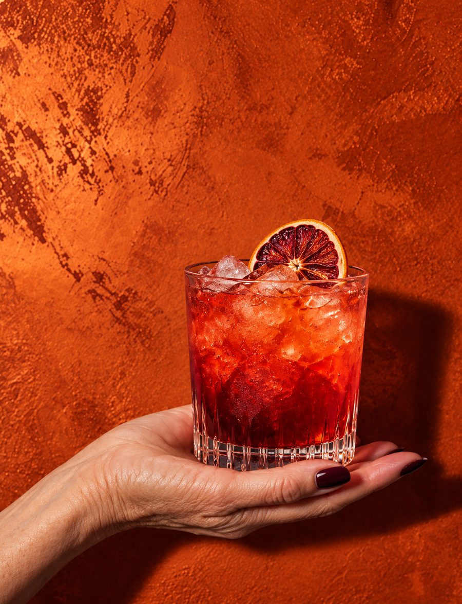 A hand holding a red cocktail with a blood orange wheel against a burnt orange wall