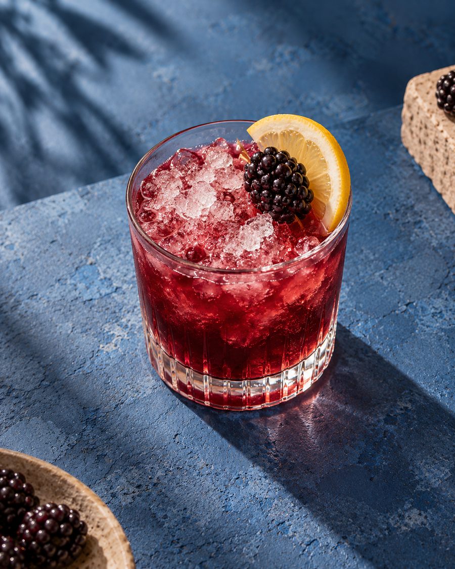 A bramble with blackberries and a lemon wedge on a blue surface