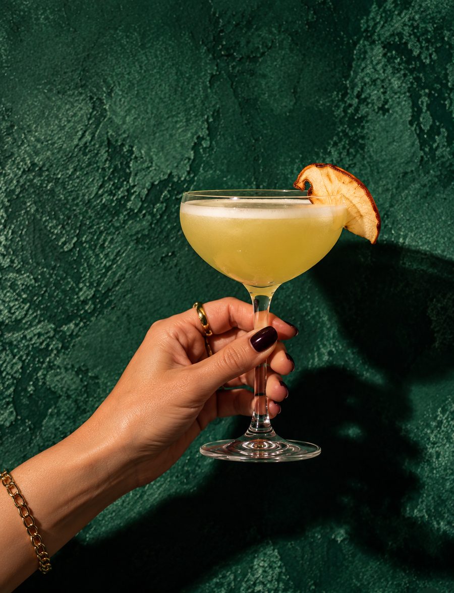 A hand holding a pale sour with a dried apple slice against a green wall