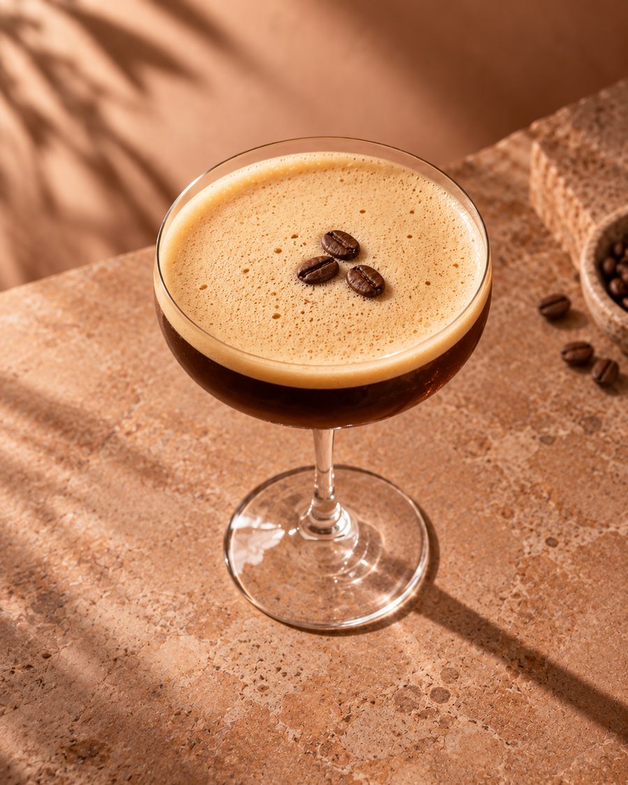 An espresso martini with coffee beans on a terracotta surface in dappled sun