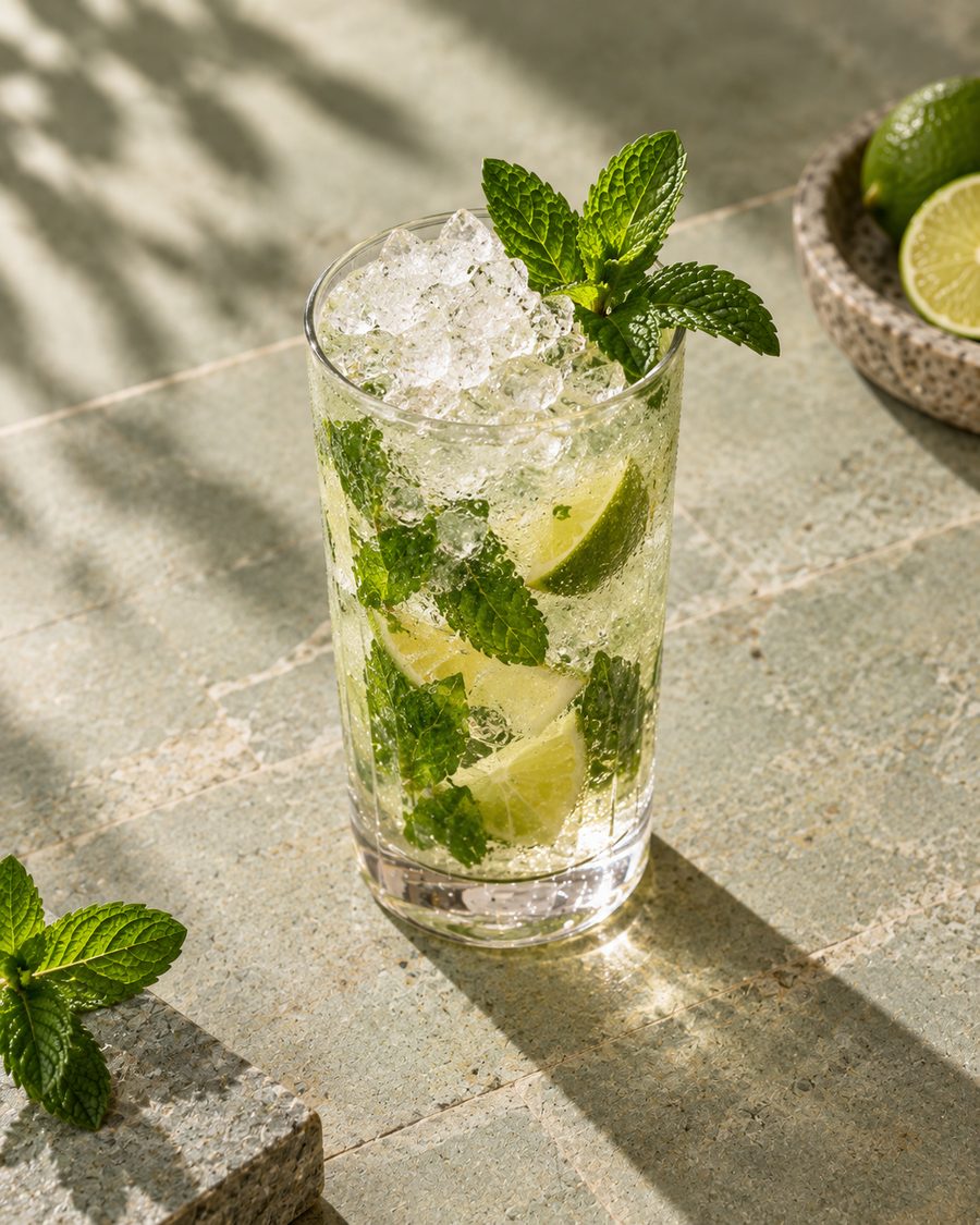 A mojito with crushed ice, mint and lime on pale stone in dappled sun
