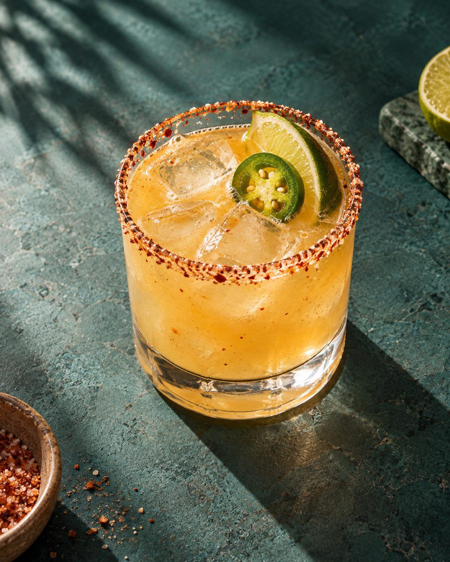 A spicy margarita with a chilli-salt rim and jalapeño slice on green tiles