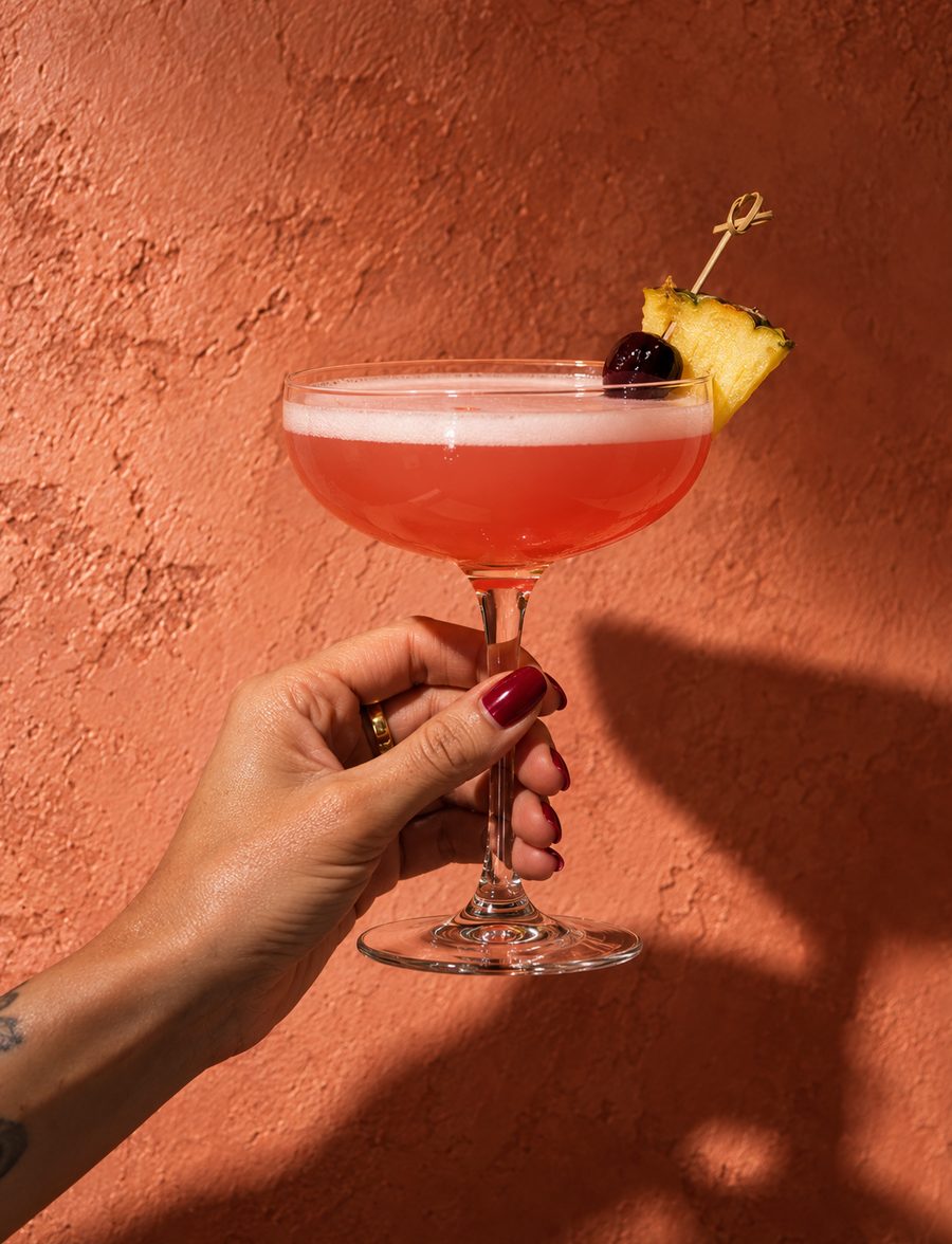 A hand holding a pink sour with a pineapple and cherry garnish against a terracotta wall