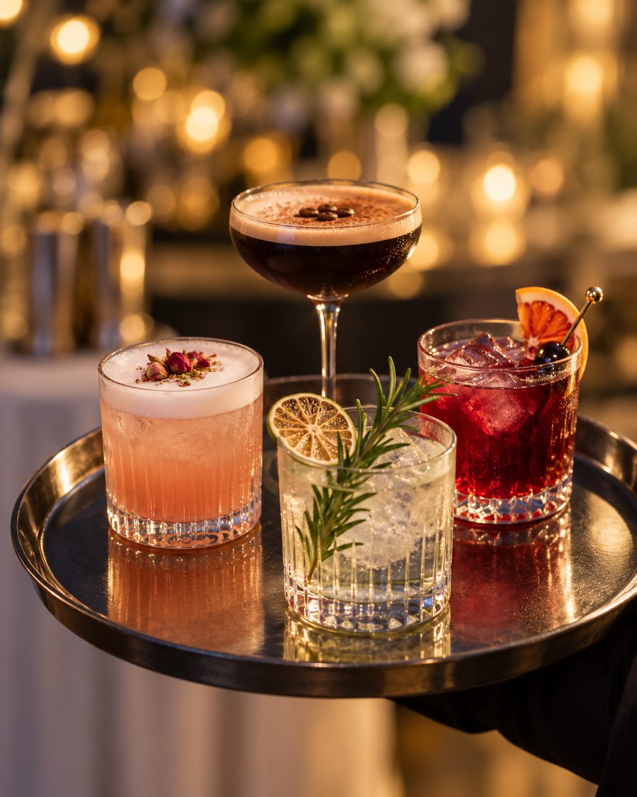 A tray of mixed cocktails: an espresso martini, a sour, a gin and tonic with rosemary and a blood orange drink