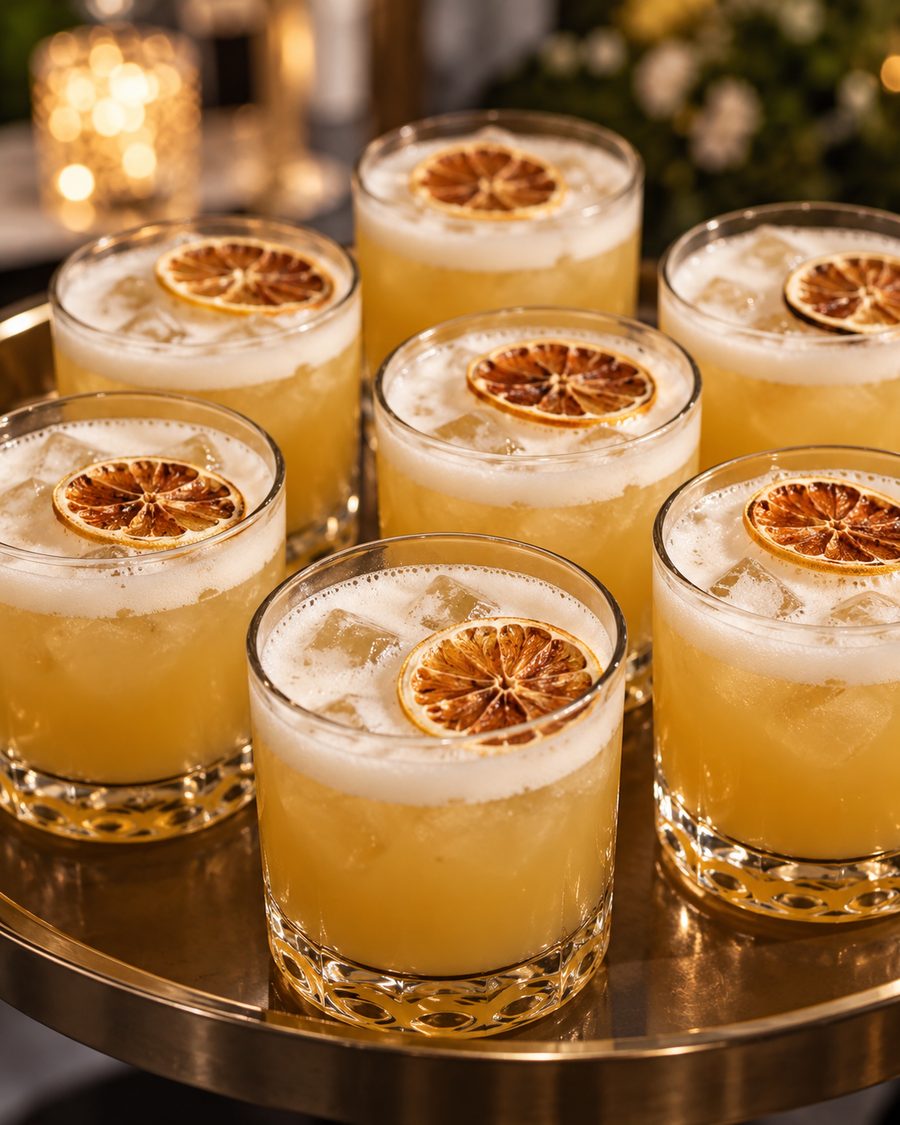 A tray of whisky sours topped with dried orange wheels