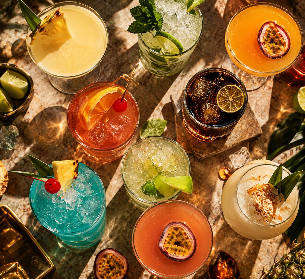 Top-down view of tropical cocktails in hard sunlight with pineapple, passion fruit and lime garnishes