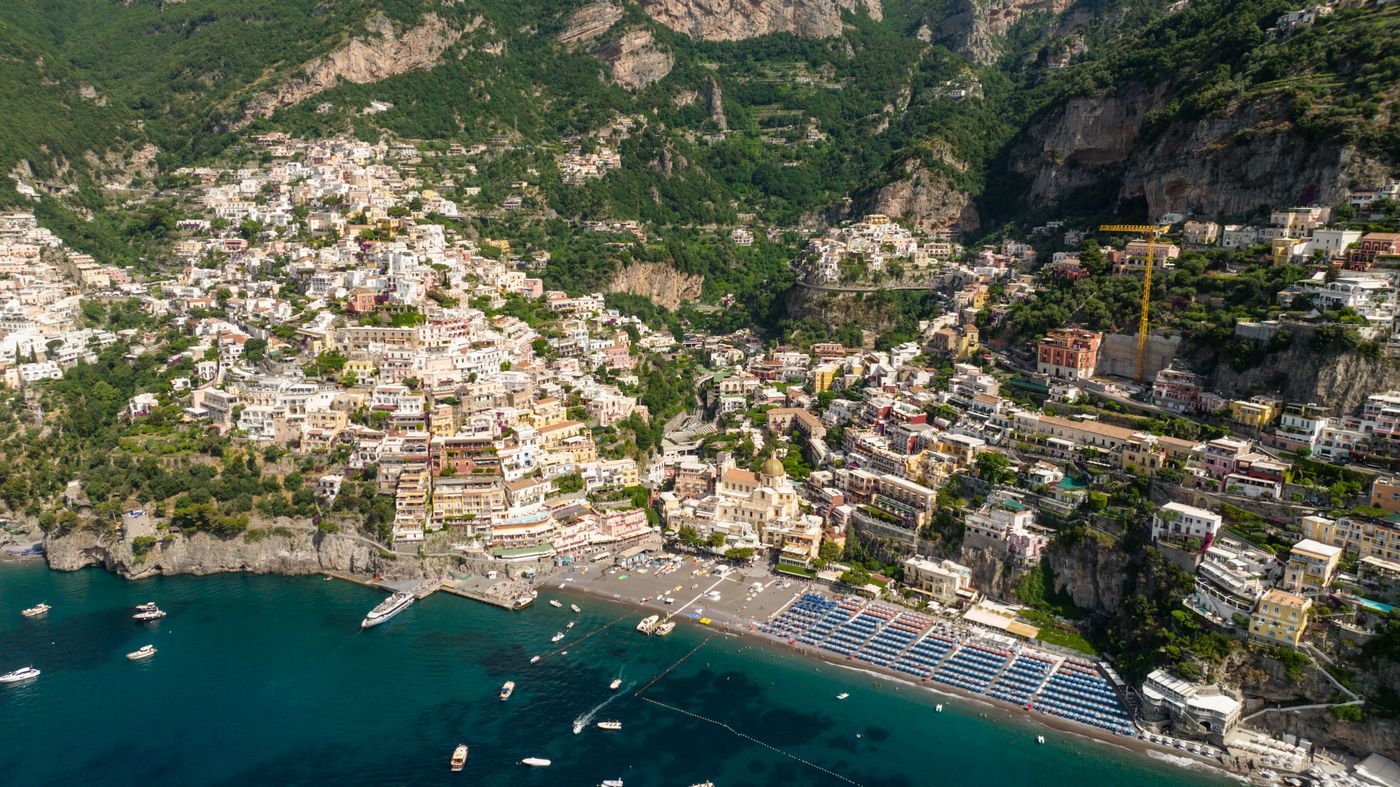 Stunning aerial shot of Positano, a colorful town perched on the Amalfi Coast, Italy