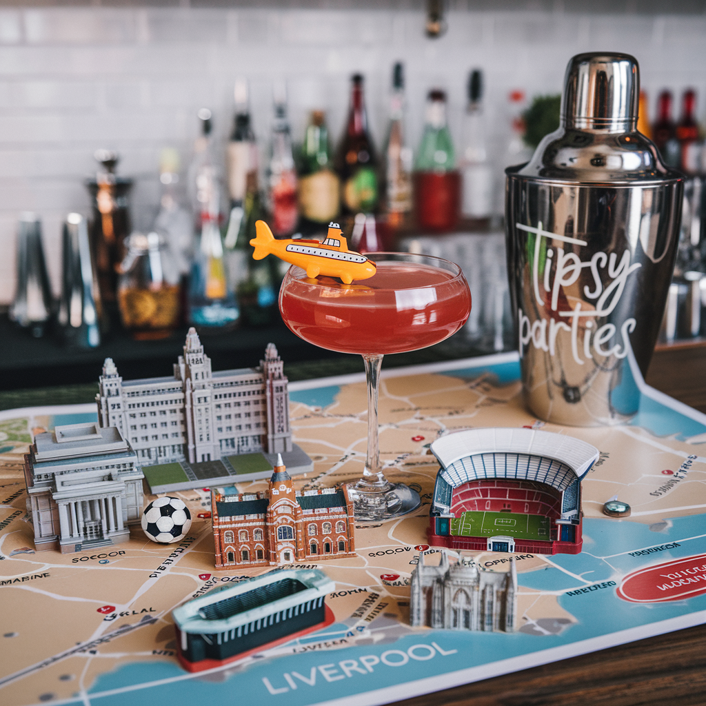 liverpoolcocktailclass.png a cocktail from a Liverpool cocktail class on a map of Liverpool with a tipsy parties cocktail shaker